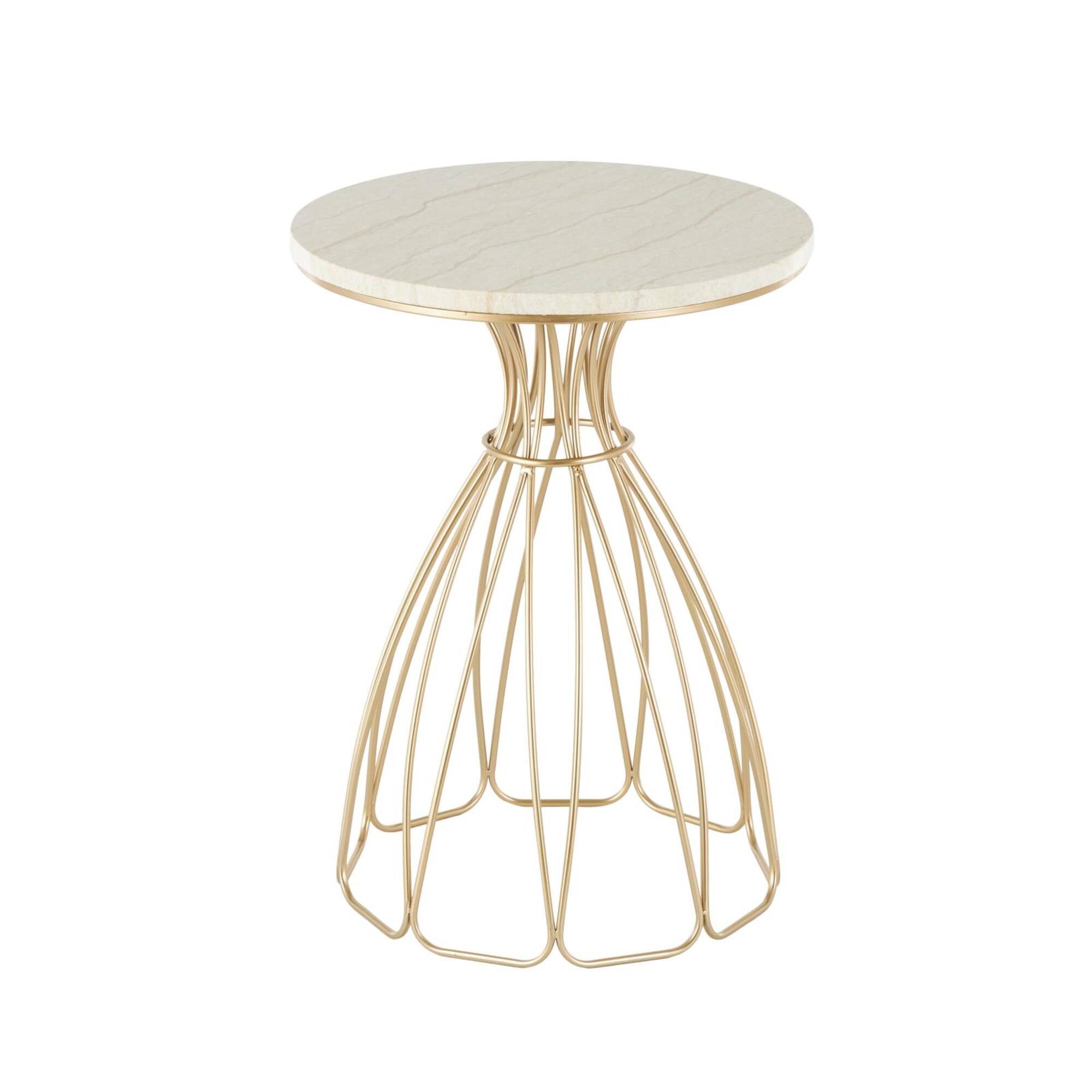 21.5" Gold Metal Flower Inspired Accent Table with Cream Marble Tabletop